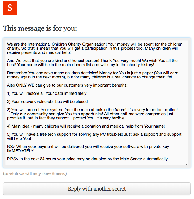  CryptoMix message on Onetime Secret 