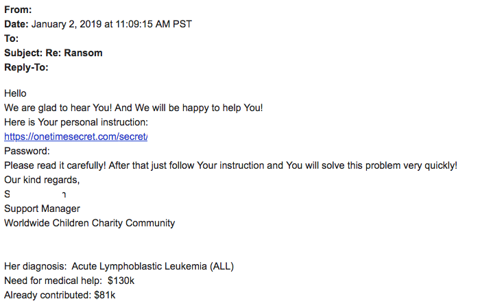  Cryptomix correspondence sites fictitious charity, but a real child’s cancer case 