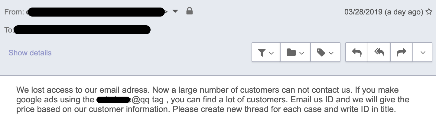   Email from Dharma Ransomware Group requesting help sourcing prior victims  