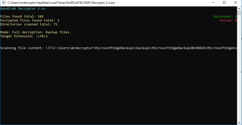 The application window of the GandCrab Decryptor as it scans and decrypts