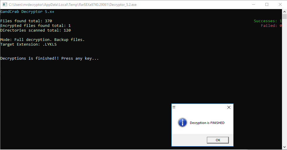 The application window of the GandCrab Decryptor once it completes