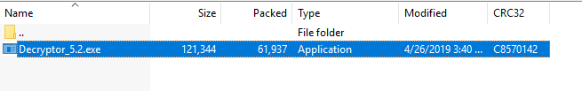 What the GandCrab Decryptor .exe looks like when first downloaded from the TOR site.