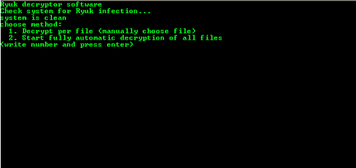  The main interface of the Ryuk decryptor with the different menu options. 